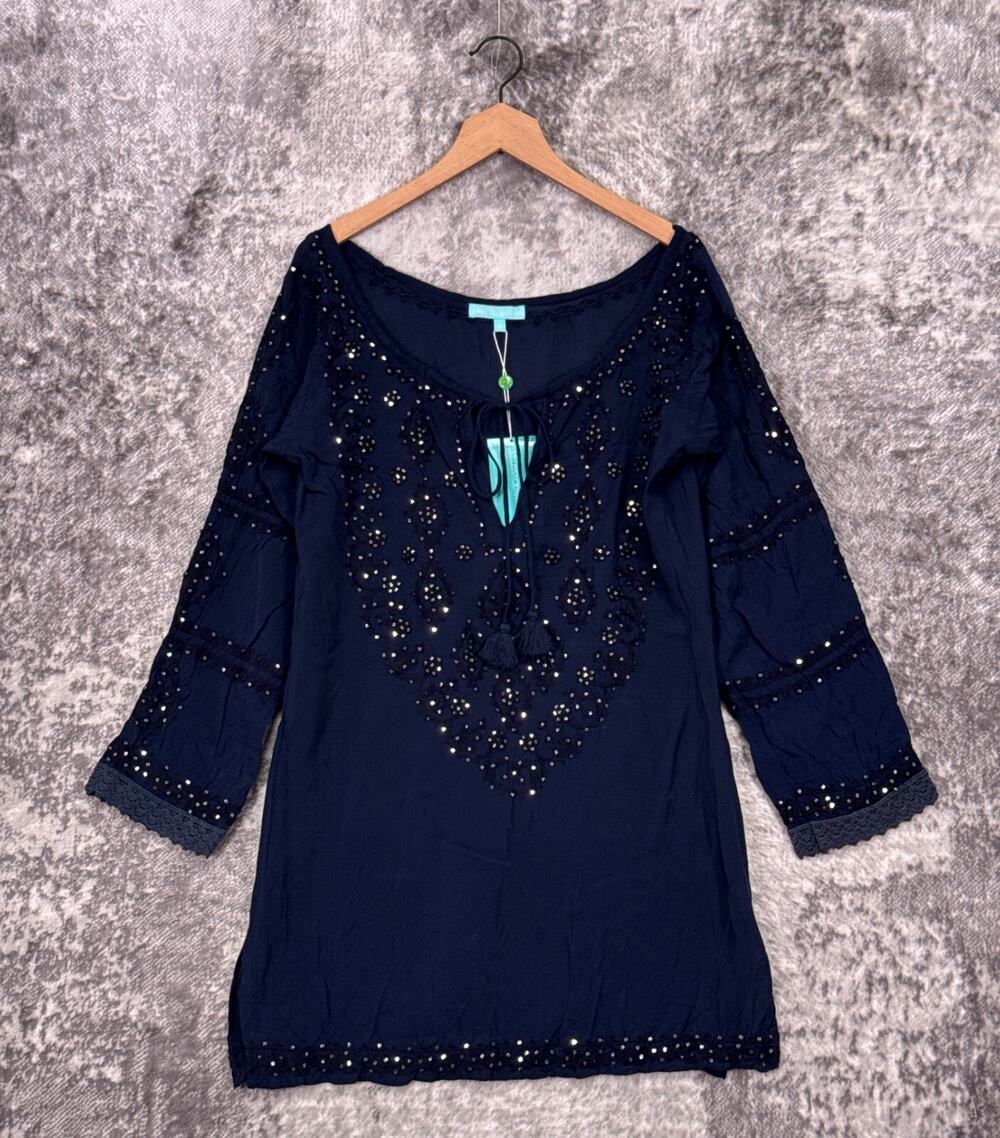 New Melissa Odabash Coverup Dress Medium Womens Blue Embroidered Swim